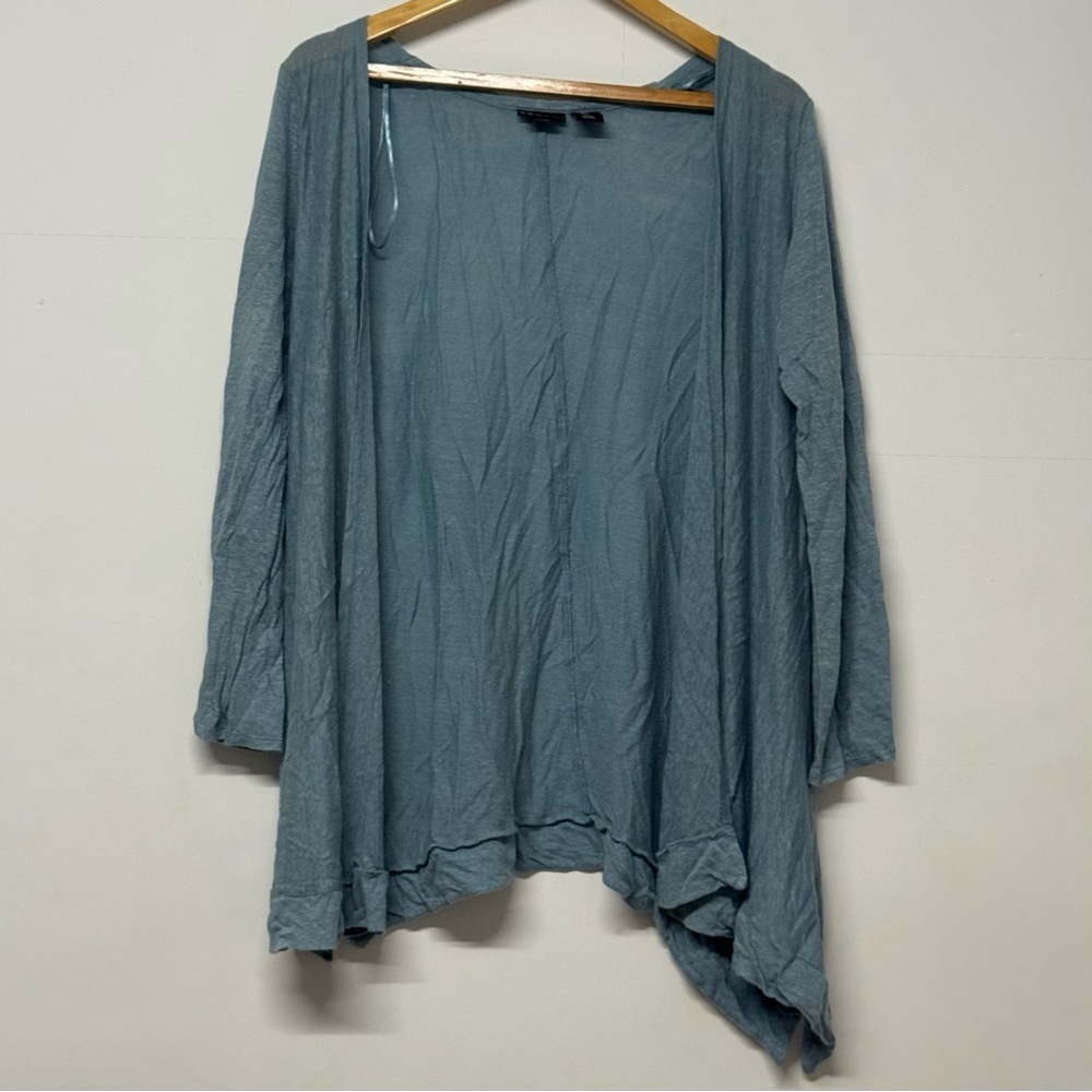 Tahari Blue 100% Linen Long Sleeve Open Front Cardigan Asymmetrical Medium